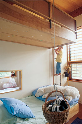 A hanging basket on a pulley is a playful touch in Christopher’s room.